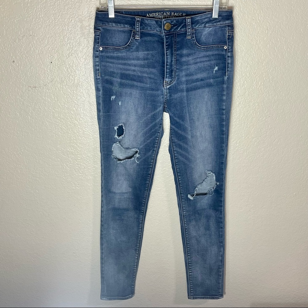 AMERICAN EAGLE super stretch hi rise jegging skinny jeans destroyed distressed 8